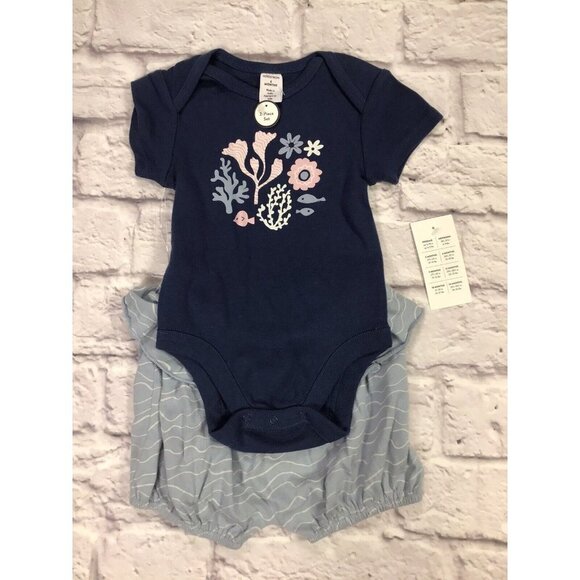 Nordstrom Navy Coral Wave Bodysuit Bloomers Set 6 Months - Picture 1 of 2